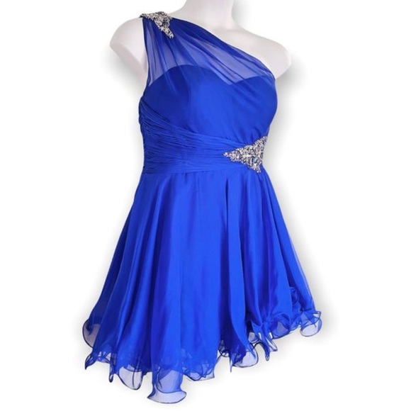 Mac Duggal One Shoulder Blue Formal Mini Dress Skater Beaded Sequins Size 14 - Picture 3 of 10